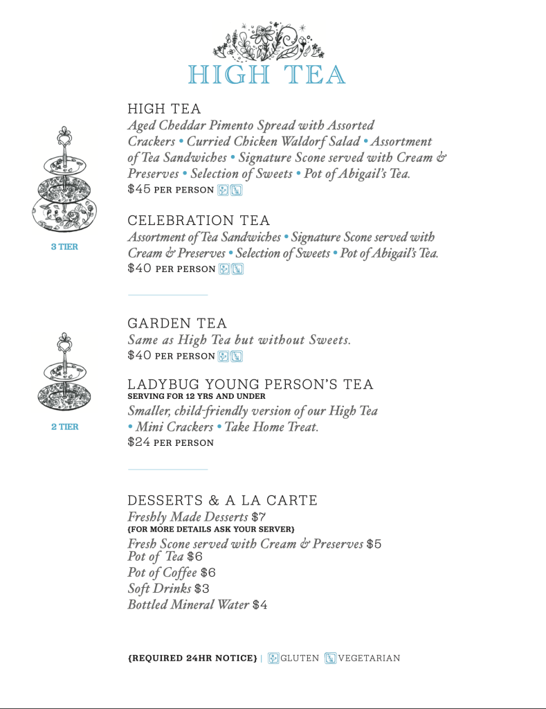 High & Afternoon Tea Menu - Abigails Tea House